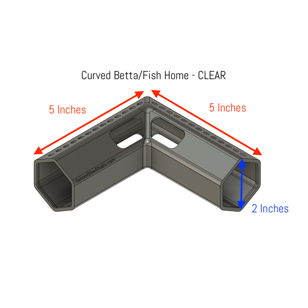 Curved Betta & Axolotl Home, Corner Fish Hide - CLEAR version - 3D Printed Plastic - Aquarium Safe!